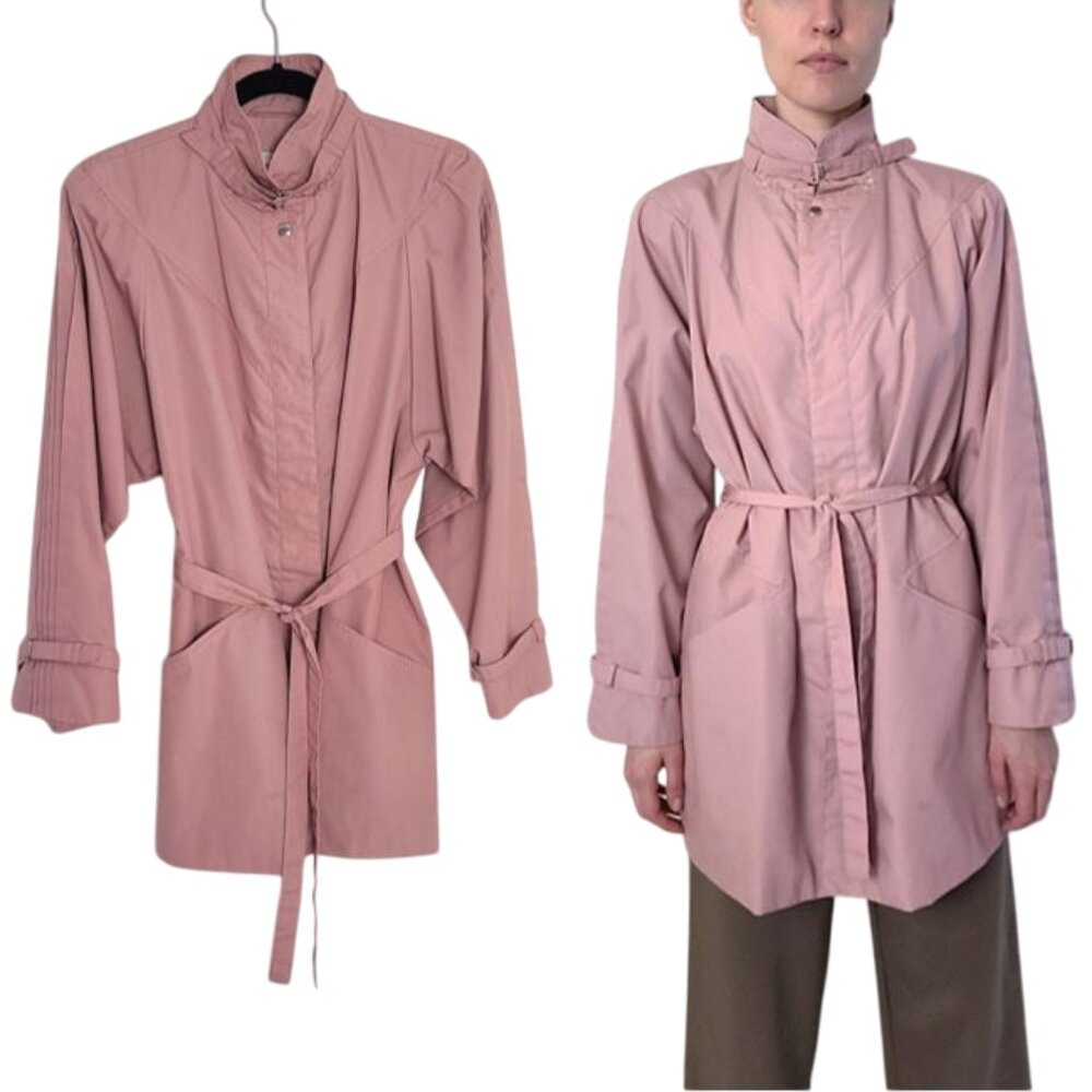 Vintage Bubblegum Pink Collared Belted Trench Coat Spring Jacket Pockets MED/LG